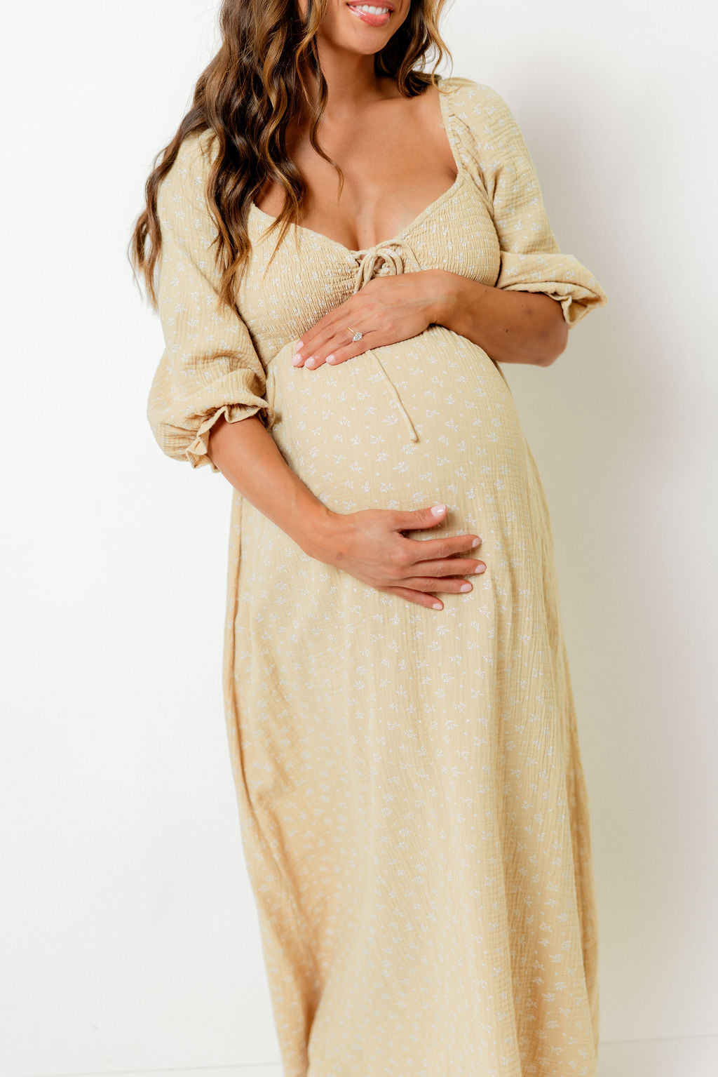 Cecilia 100% Cotton Smocked Maxi Dress in Muted Gold Foliage - Bump Friendly