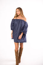 Cassidy 100% Linen On/Off Shoulder Mini Dress in Denim *Final-Sale*