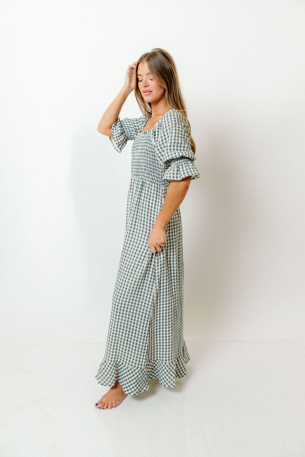 Sienna 100% Cotton Puff Sleeve Maxi Dress in Teal Green Plaid - Bump Friendly *Final Sale*
