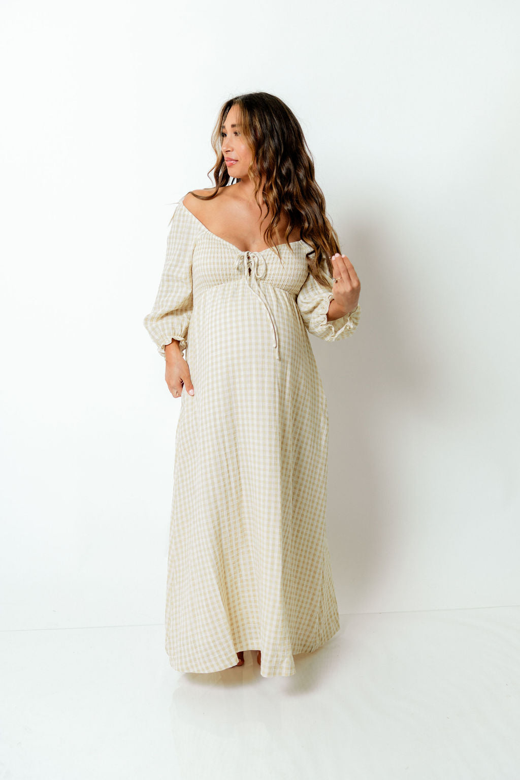 Cecilia 100% Cotton Smocked Maxi Dress in Muted Gold Plaid - Bump Friendly