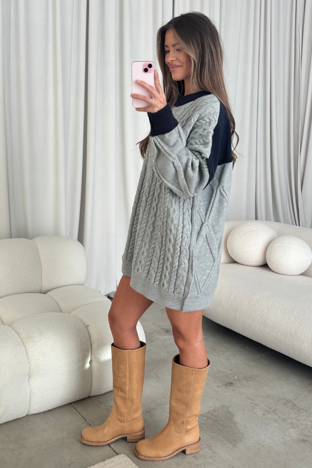 Calvin Oversized Cable Knit Sweater with Contrast in Heather Grey/Navy