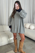 Calvin Oversized Cable Knit Sweater with Contrast in Heather Grey/Navy