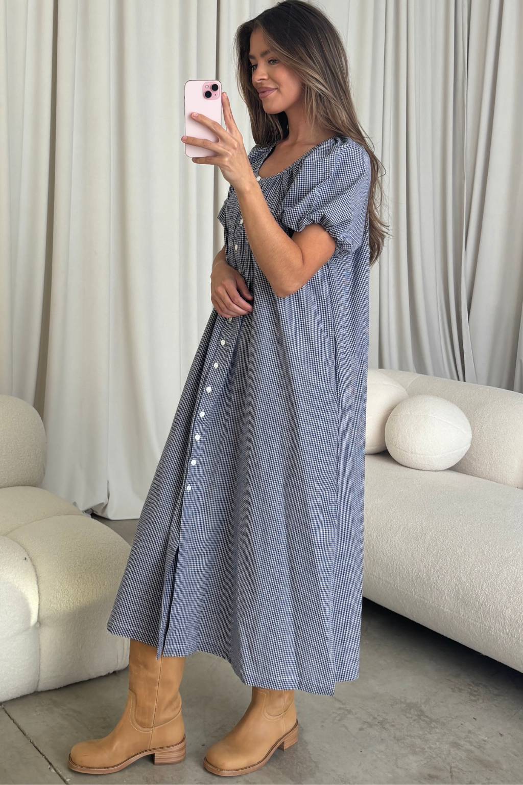 Damaris 100% Cotton Puffed Sleeve Gingham Maxi Dress in Blue