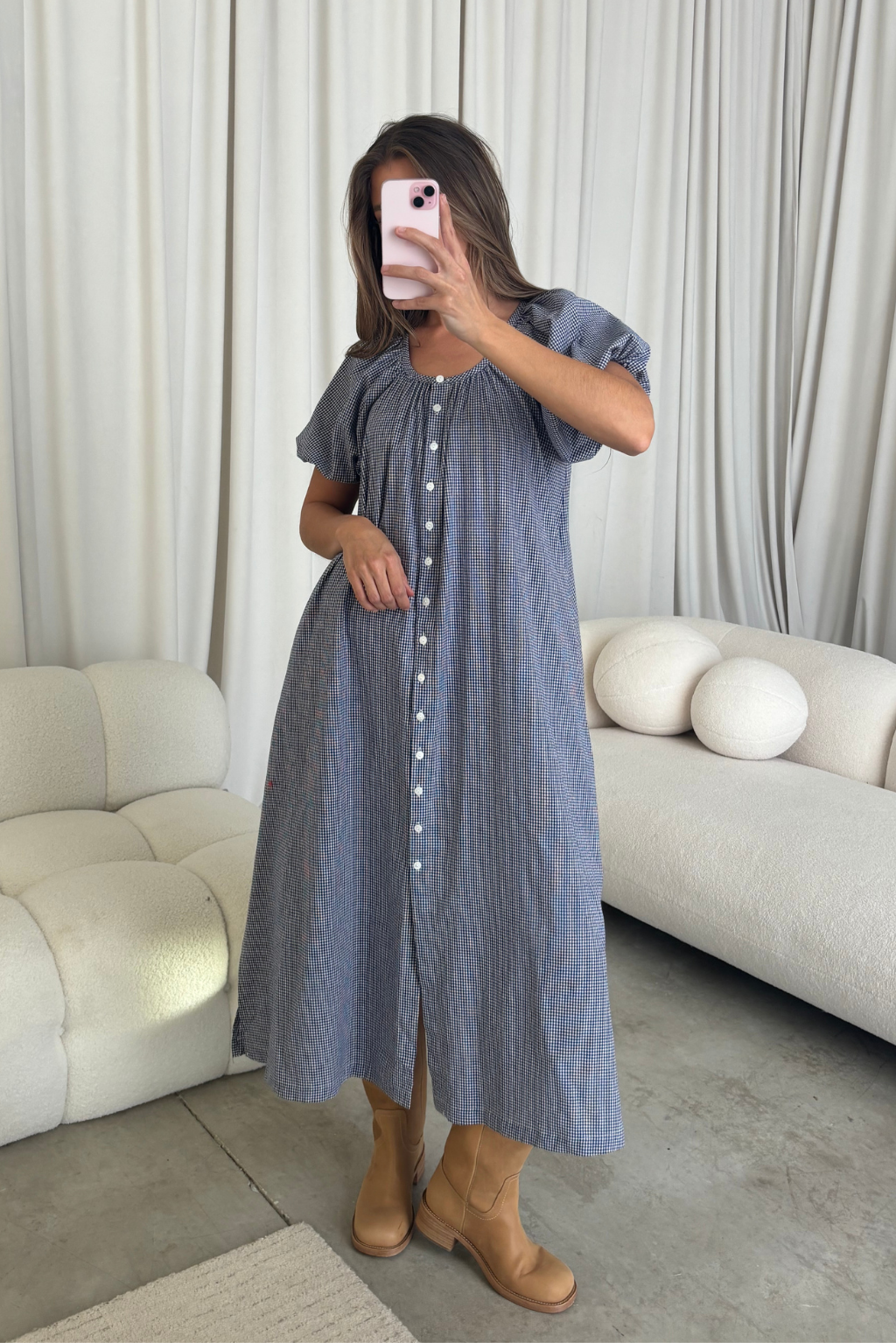 Damaris 100% Cotton Puffed Sleeve Gingham Maxi Dress in Blue