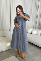 Damaris 100% Cotton Puffed Sleeve Gingham Maxi Dress in Blue