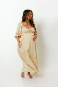Cecilia 100% Cotton Smocked Maxi Dress in Muted Gold Foliage - Bump Friendly