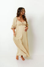 Cecilia 100% Cotton Smocked Maxi Dress in Muted Gold Foliage - Bump Friendly