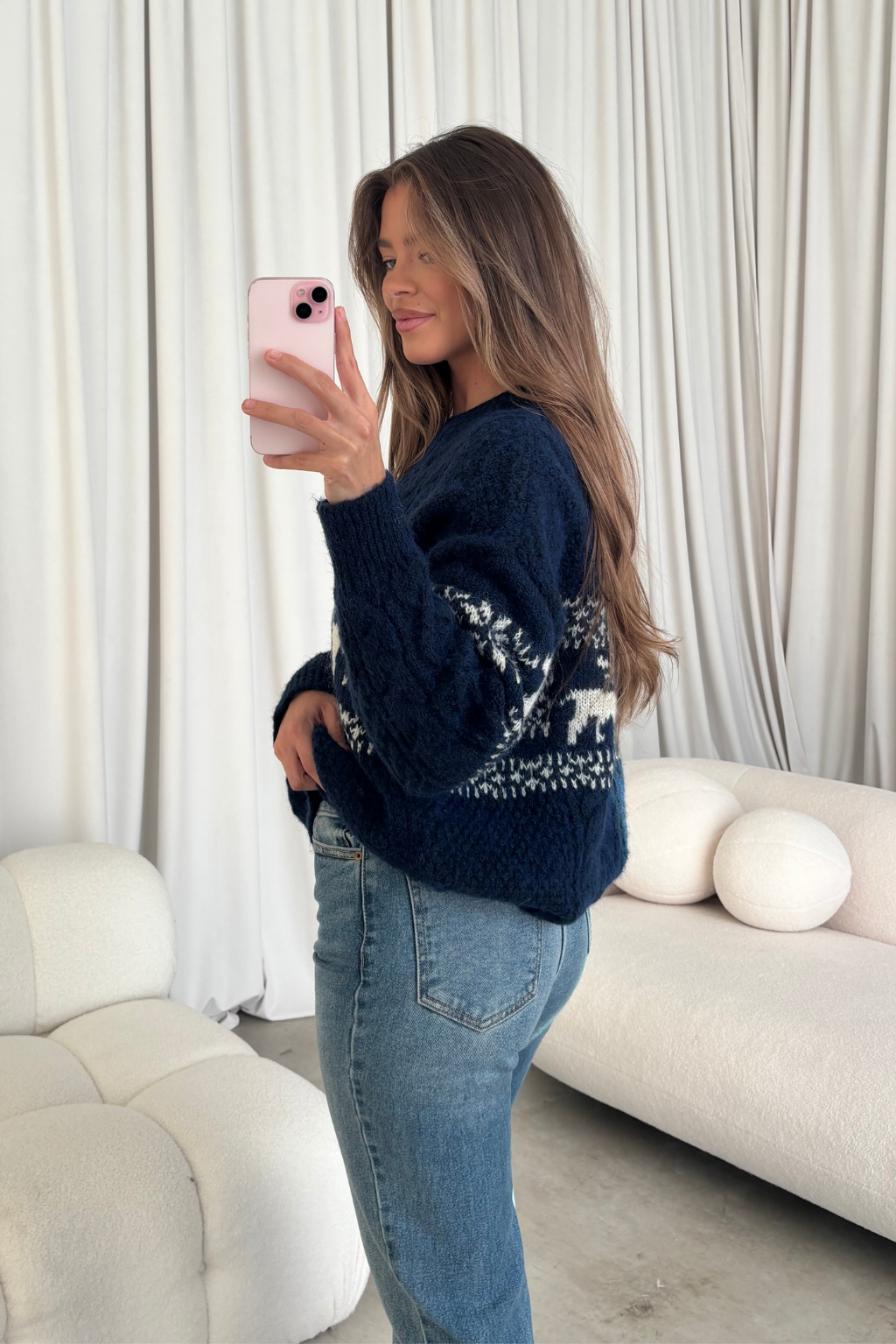 Jovie Nordic Holiday Cable Knit Sweater in Navy/Cream