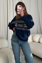 Jovie Nordic Holiday Cable Knit Sweater in Navy/Cream