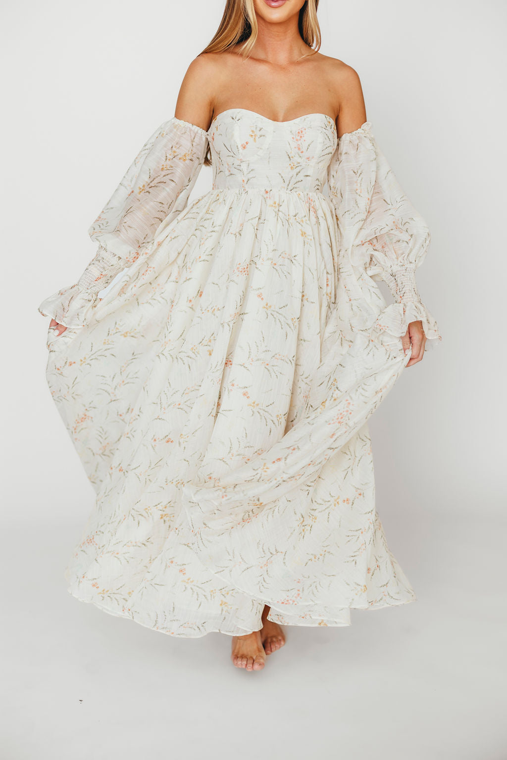 Delilah Maxi Dress With Train in Cream Floral - Bump Friendly