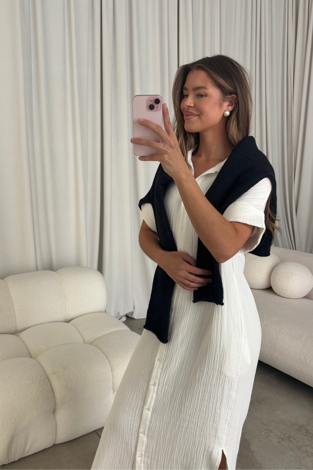 Alison Gauze Shirt Dress in White - Nursing Friendly