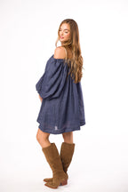 Cassidy 100% Linen On/Off Shoulder Mini Dress in Denim *Final-Sale*