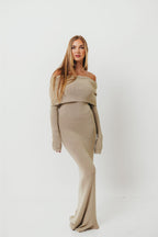 Winona Off-the-Shoulder Knit Maxi Dress in Oyster