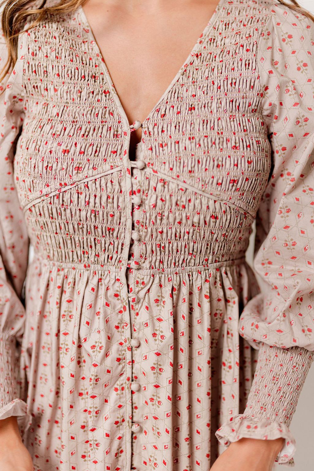 Mercy Cotton Smocked Floral Button Down Maxi Dress in Sepia