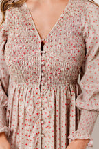 Mercy Cotton Smocked Floral Button Down Maxi Dress in Sepia