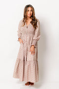 Mercy Cotton Smocked Floral Button Down Maxi Dress in Sepia