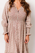 Mercy Cotton Smocked Floral Button Down Maxi Dress in Sepia