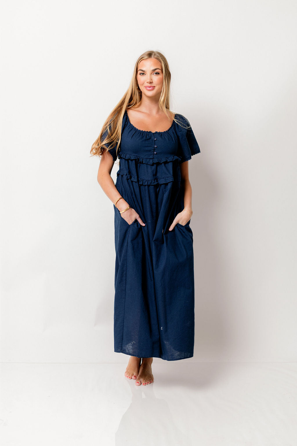 Tawny Long Smocked Cotton & Linen Midi Dress in Navy *Final-Sale*