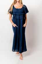 Tawny Long Smocked Cotton & Linen Midi Dress in Navy *Final-Sale*