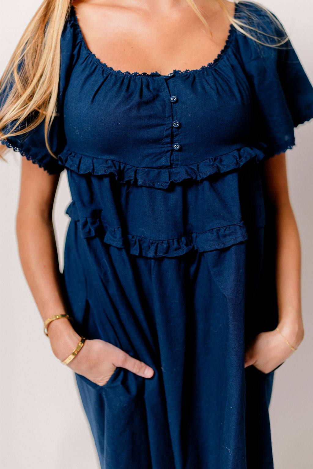 Tawny Long Smocked Cotton & Linen Midi Dress in Navy *Final-Sale*