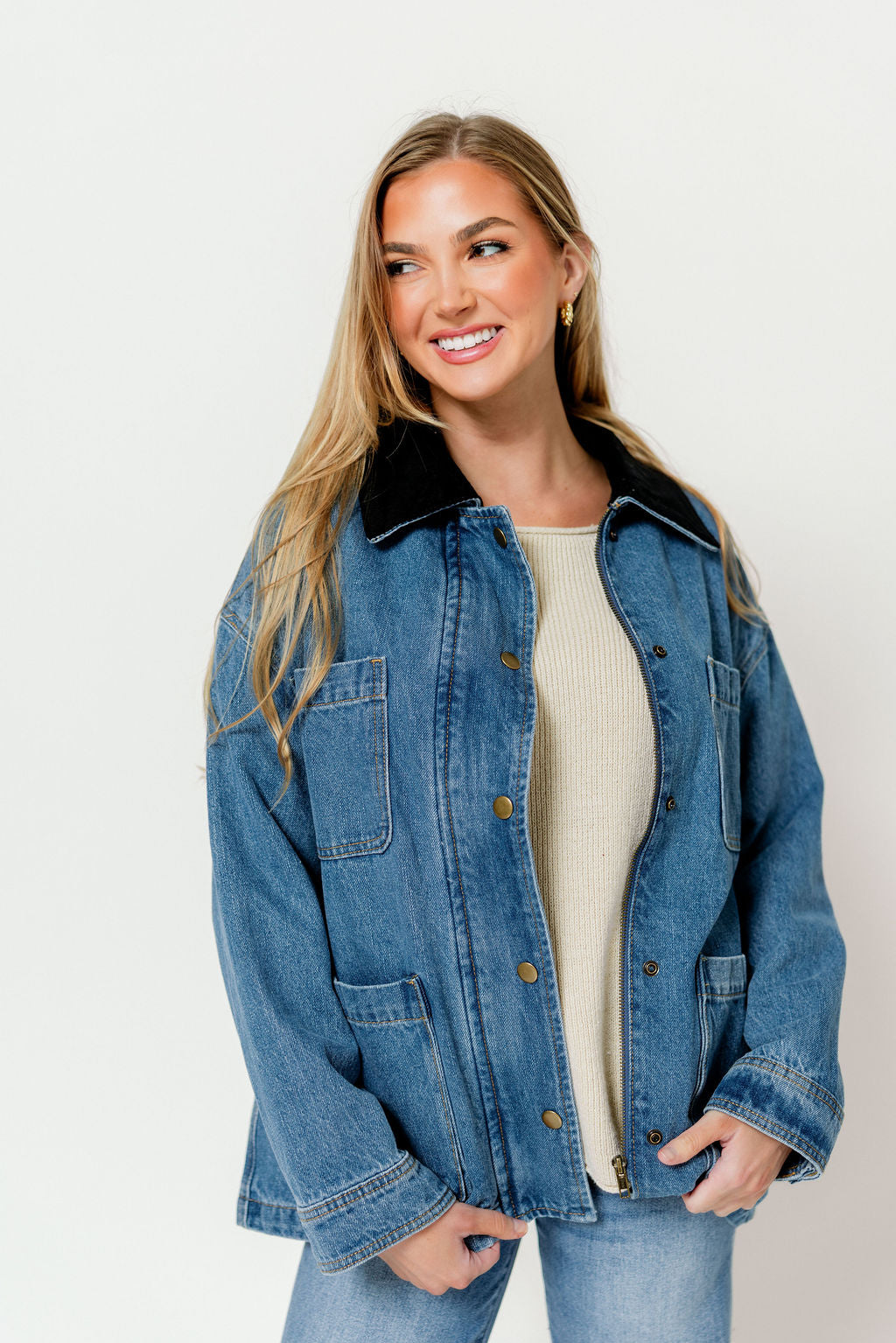 Max Corduroy Collar Denim Utility Jacket in Denim