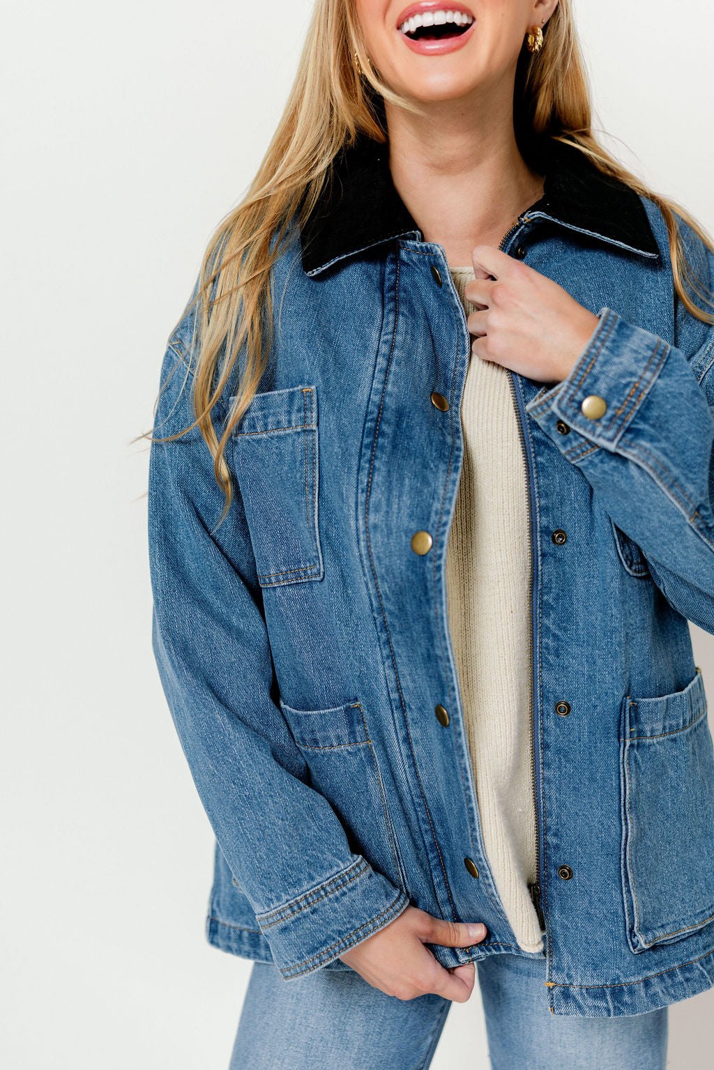 Max Corduroy Collar Denim Utility Jacket in Denim