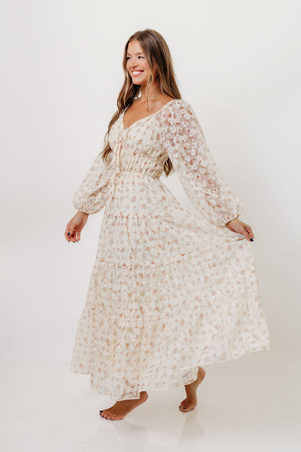 Macklynn V-Neck Long Sleeve Tier Maxi Dress in Cream/Orange Floral