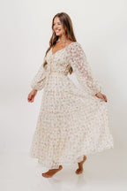 Macklynn V-Neck Long Sleeve Tier Maxi Dress in Cream/Orange Floral