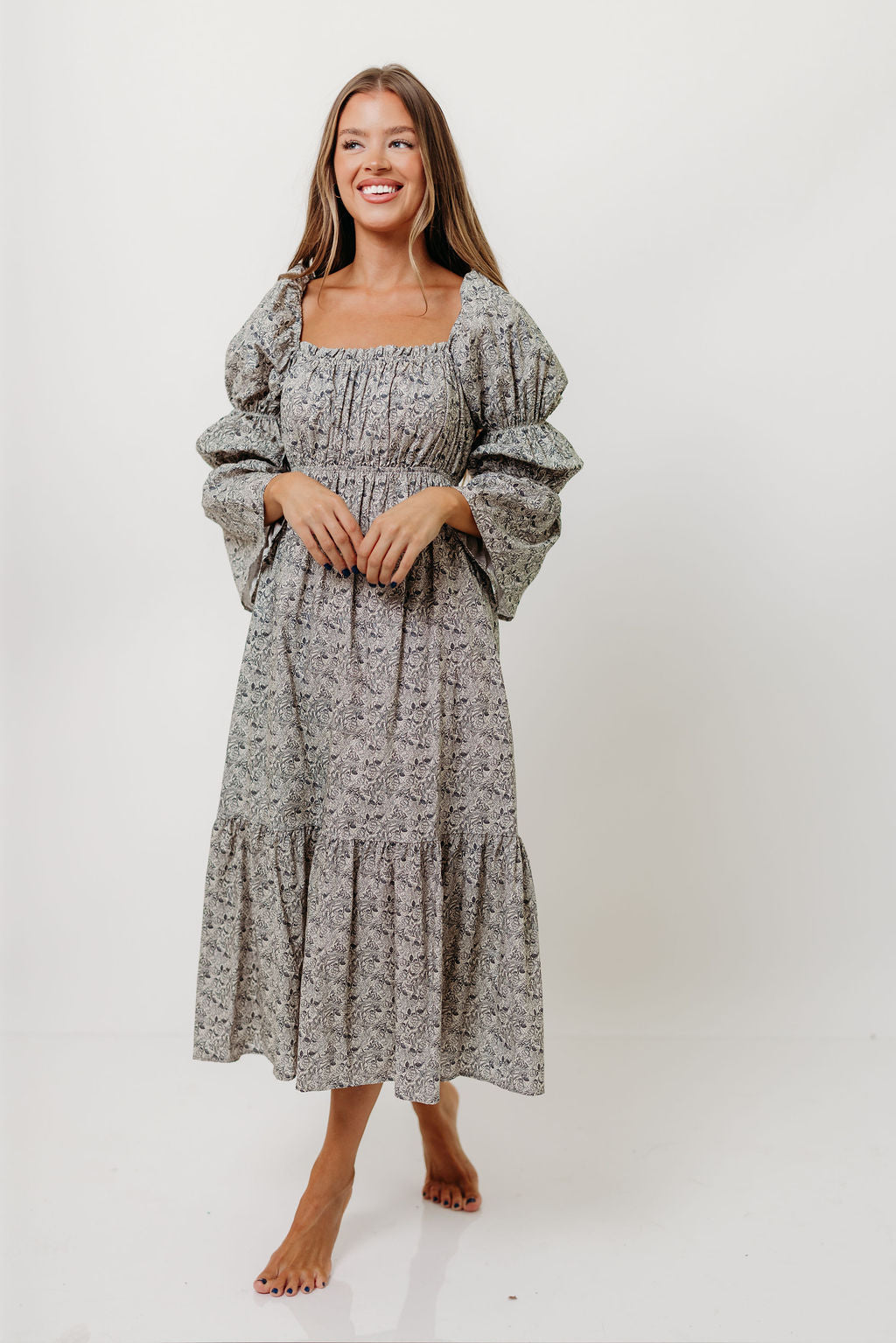 Julianna 100% Cotton Floral Print Tiered Midi Dress in Cream/Dark Navy