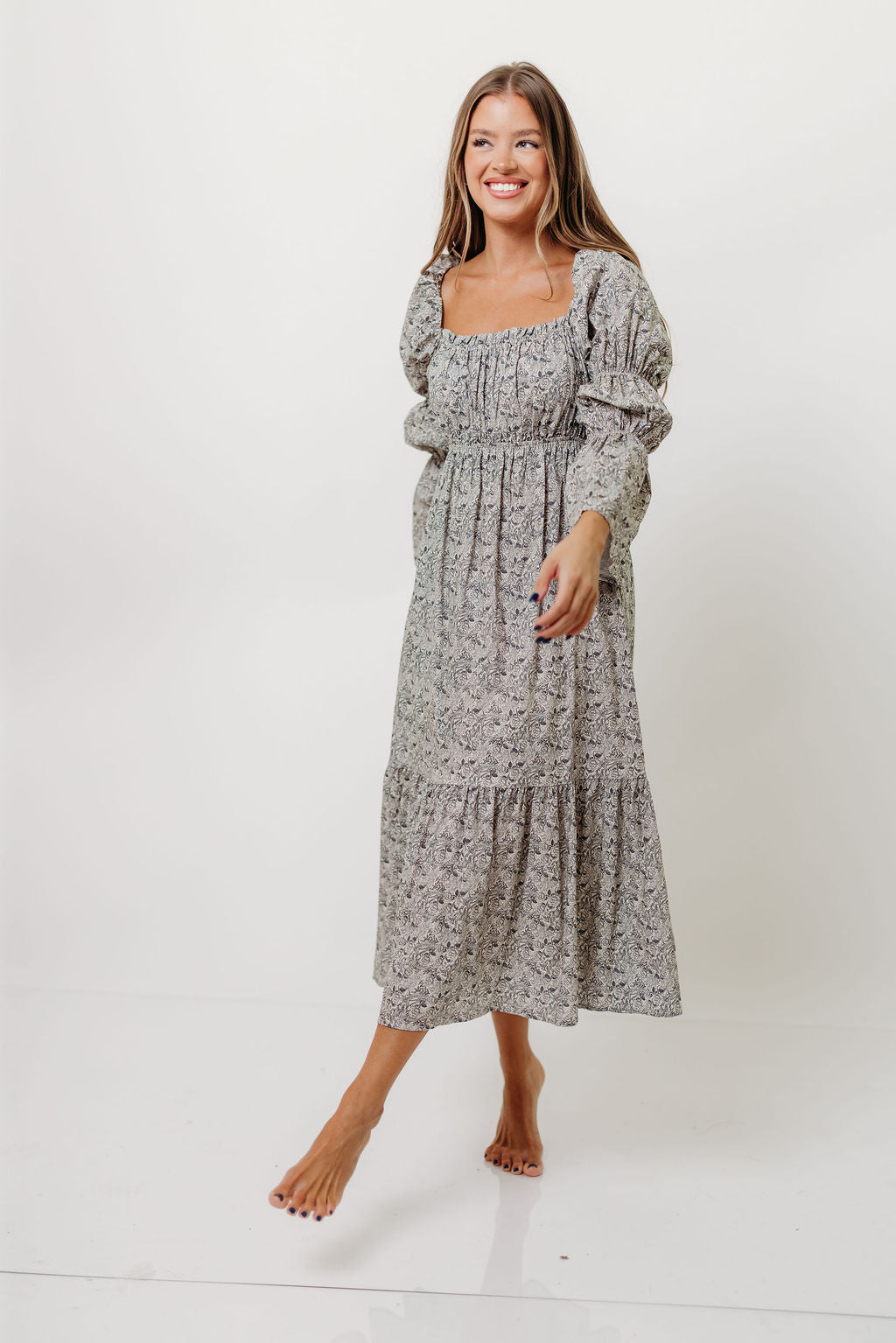 Julianna 100% Cotton Floral Print Tiered Midi Dress in Cream/Dark Navy