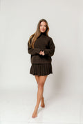 Macy Turtleneck Sweater and Pleated Mini Skirt Set in Dark Brown