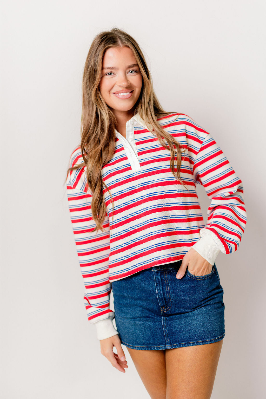 Wesley Rugby Stripe Cropped Polo Shirt in Red *Final Sale*