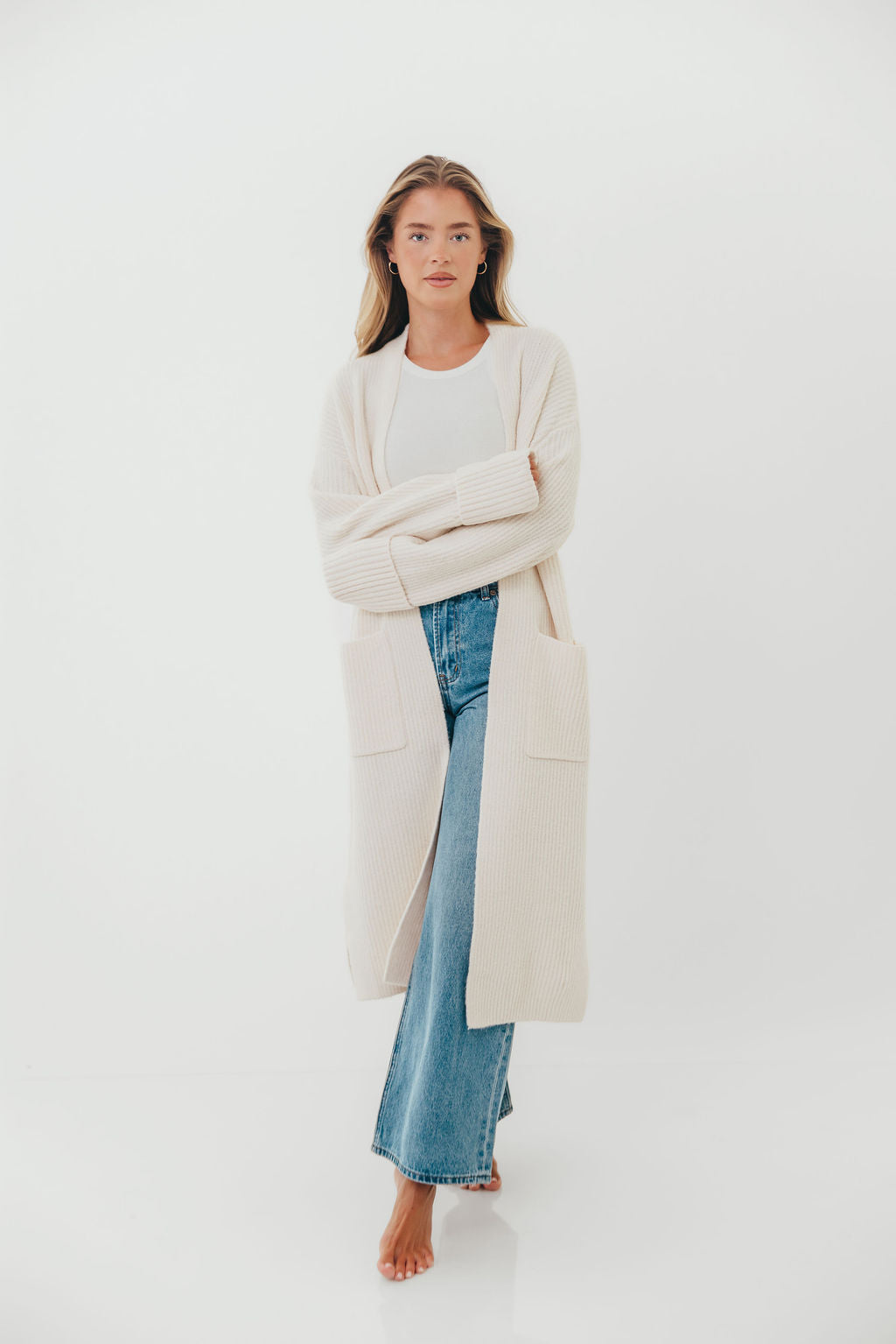 Rachel Longline Sweater Cardigan in Ecru