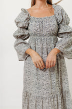 Julianna 100% Cotton Floral Print Tiered Midi Dress in Cream/Dark Navy