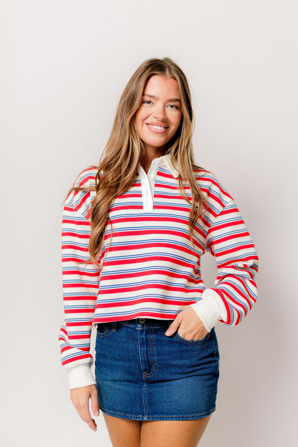 Wesley Rugby Stripe Cropped Polo Shirt in Red *Final Sale*