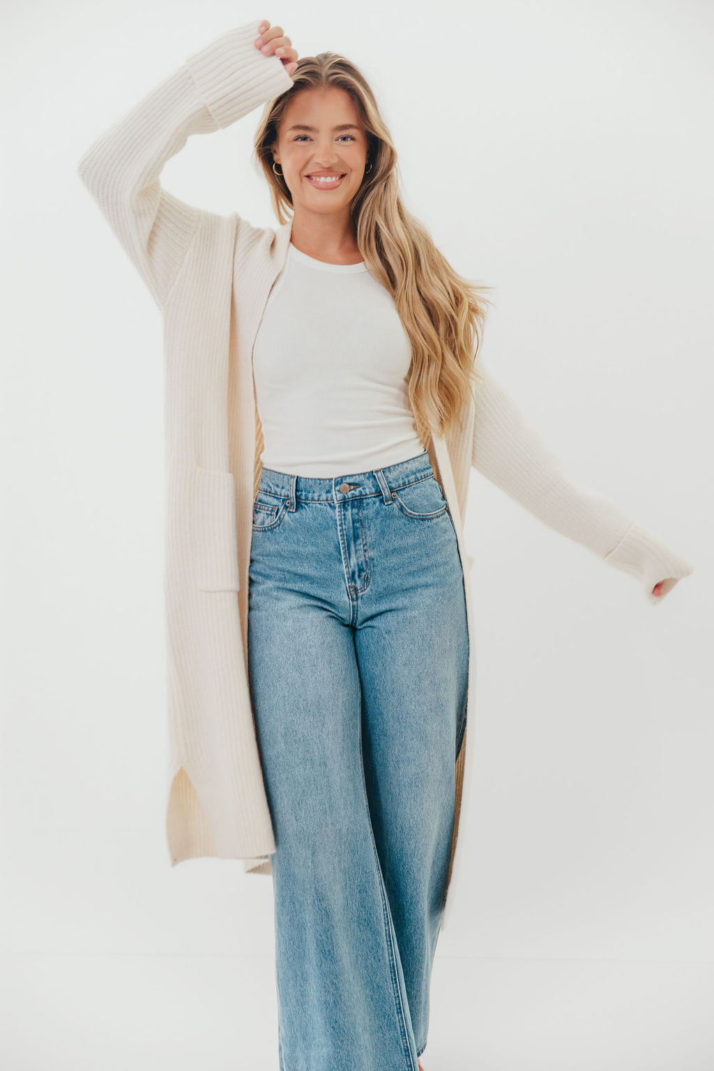 Rachel Longline Sweater Cardigan in Ecru