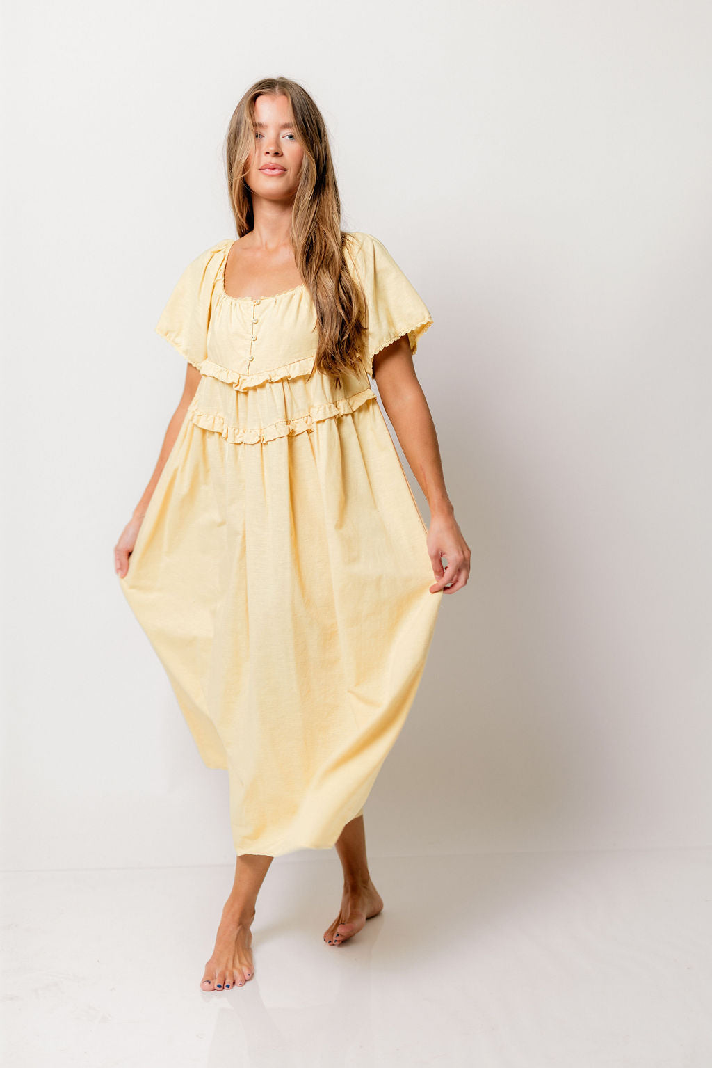 Tawny Long Smock Linen Midi Dress in Muted Yellow