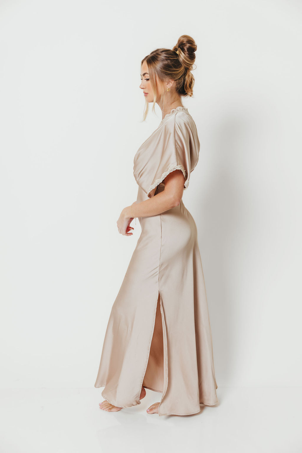Margot Dull Satin Lace Blouson Maxi Dress in Champagne