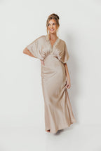 Margot Dull Satin Lace Blouson Maxi Dress in Champagne
