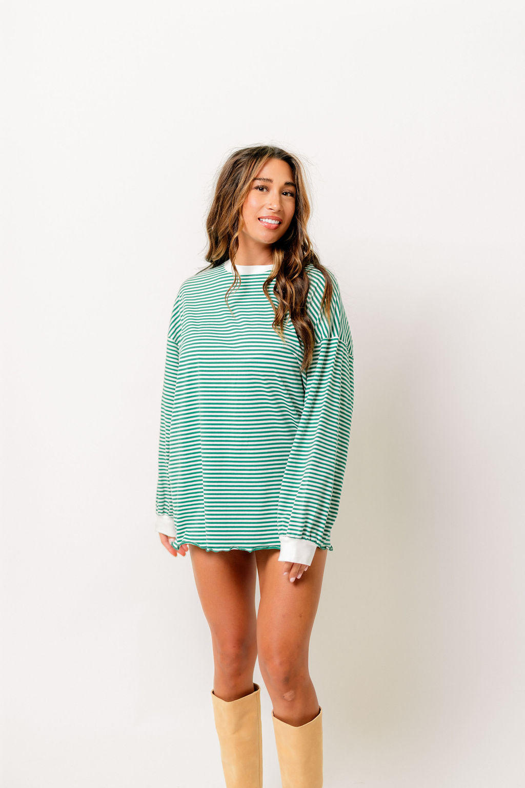 Benni Crew Neck Striped Long Sleeve Top in Apple Green
