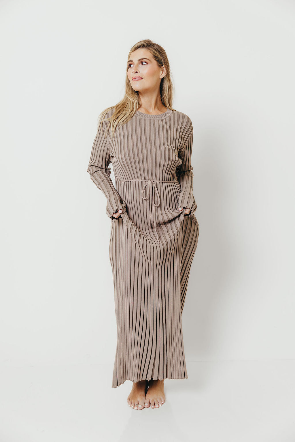 Colette Premium Long Sleeved Ribbed Knit Maxi Dress in Stone - Bump Friendly *Final Sale*