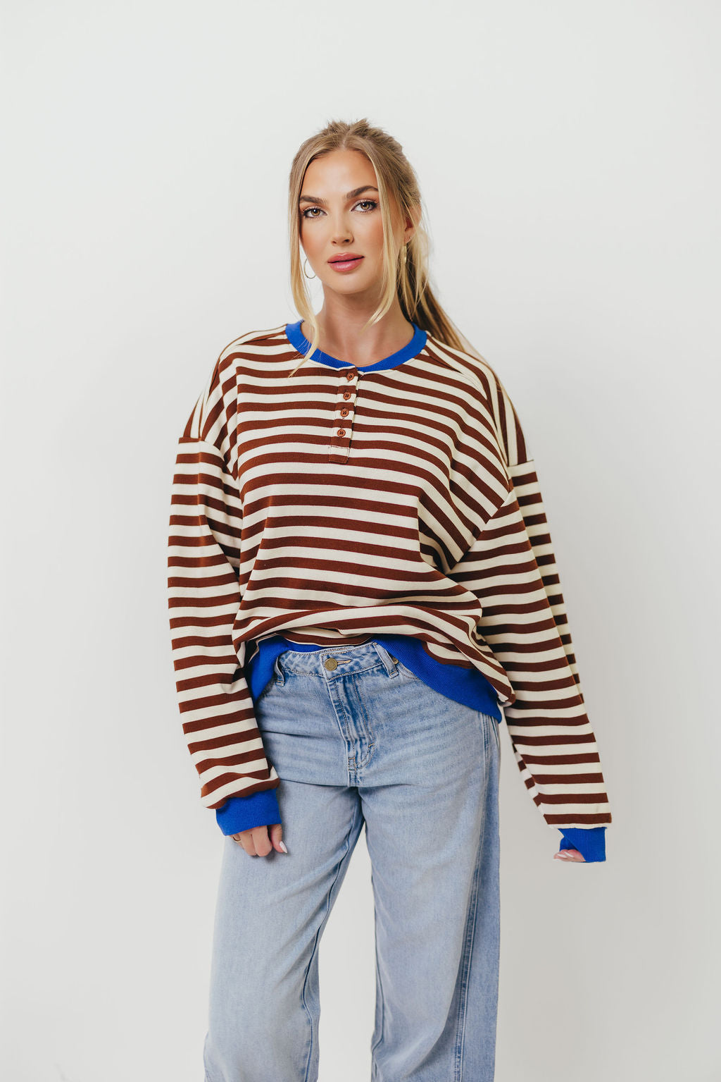 Pierce Striped Henley Pullover in Chocolate Royal