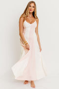 Cher Vertical Striped V-Neck Flare Maxi Dress in White/Milky Pink