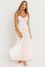 Cher Vertical Striped V-Neck Flare Maxi Dress in White/Milky Pink