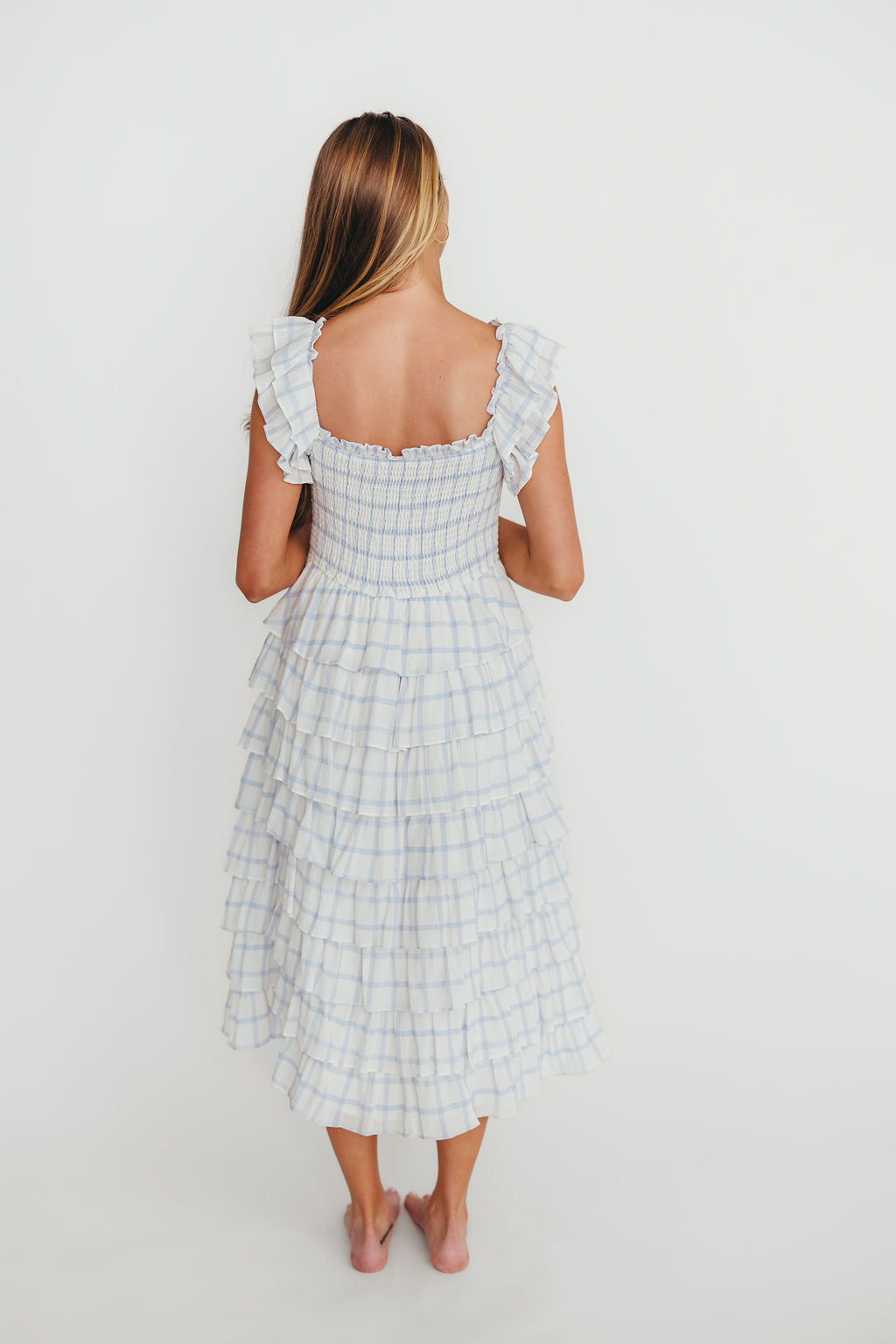 Adelynn Ruffle Midi Dress in White/Blue
