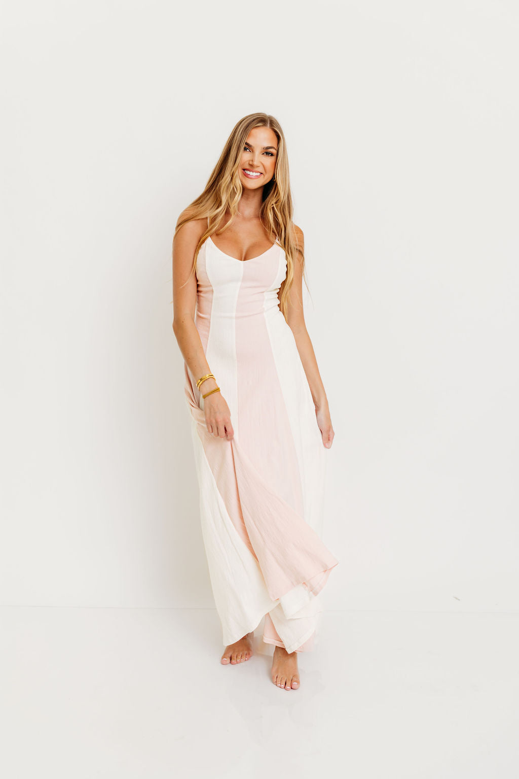 Cher Vertical Striped V-Neck Flare Maxi Dress in White/Milky Pink