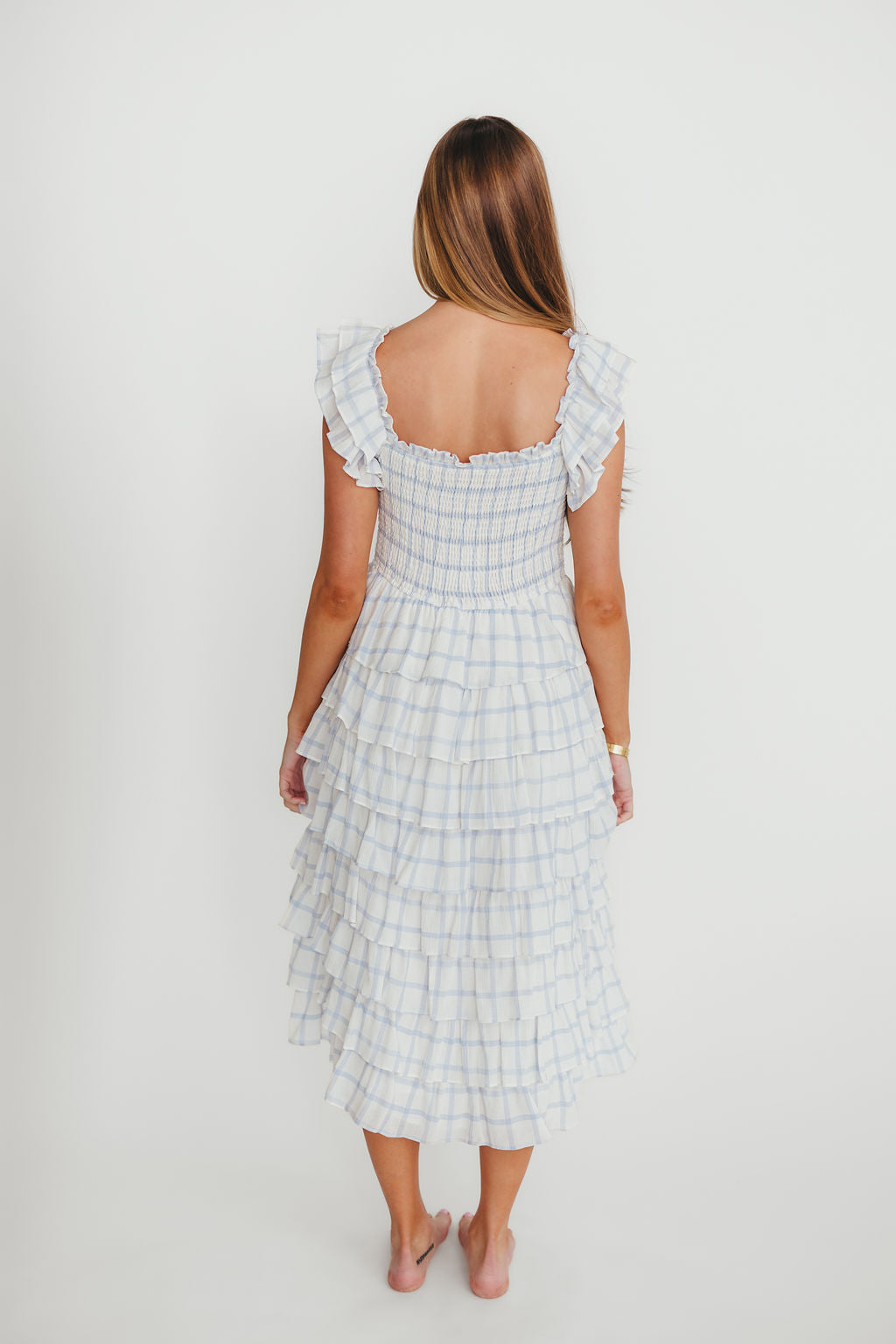 Adelynn Ruffle Midi Dress in White/Blue