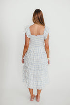 Adelynn Ruffle Midi Dress in White/Blue