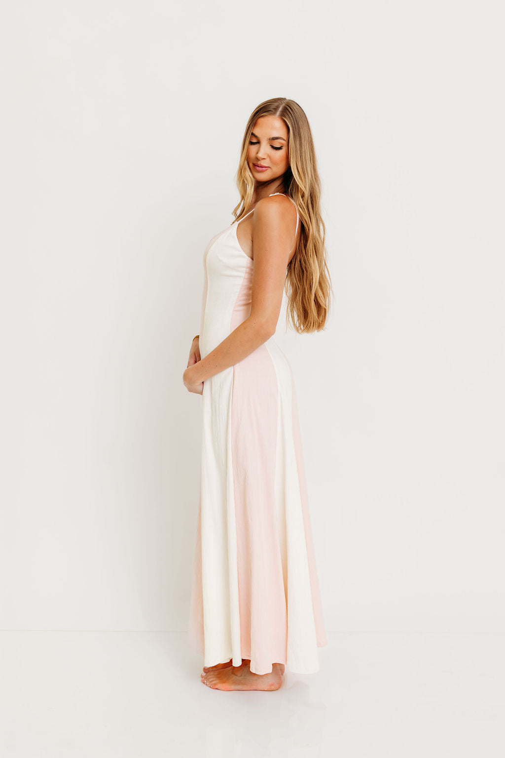 Cher Vertical Striped V-Neck Flare Maxi Dress in White/Milky Pink