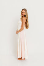 Cher Vertical Striped V-Neck Flare Maxi Dress in White/Milky Pink